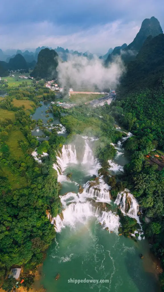 Aerial view of Ban Gioc waterfall and the area around