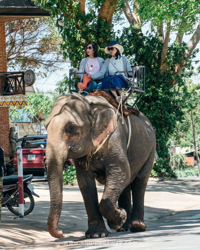 Two women riding one elephant near Lak Lake, Dak Lak