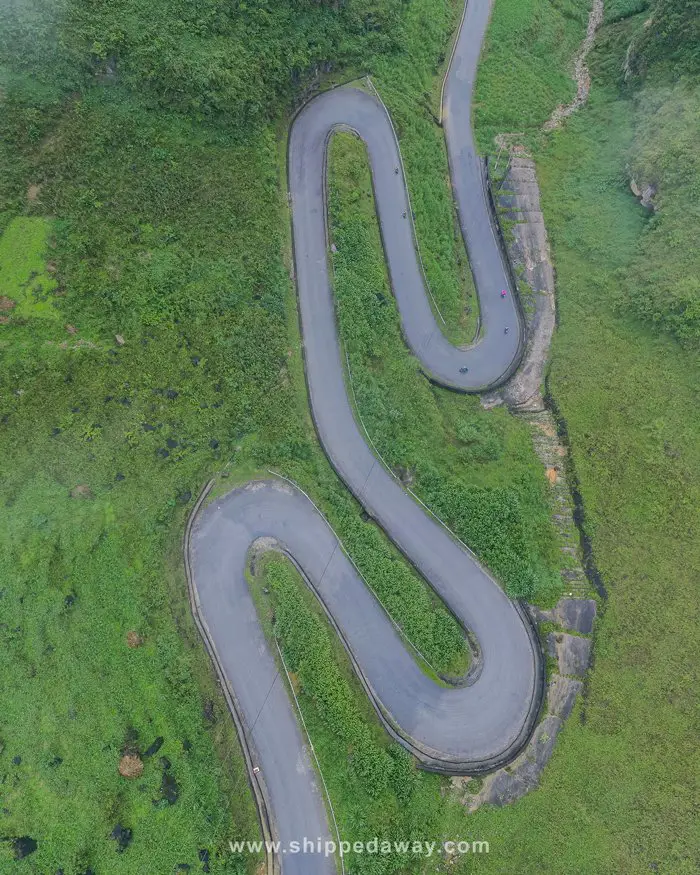 Top down aerial view of Tham Ma Pass, Ha Giang