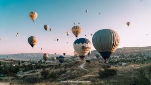 Hot air balloons take off from Goreme, Cappadocia