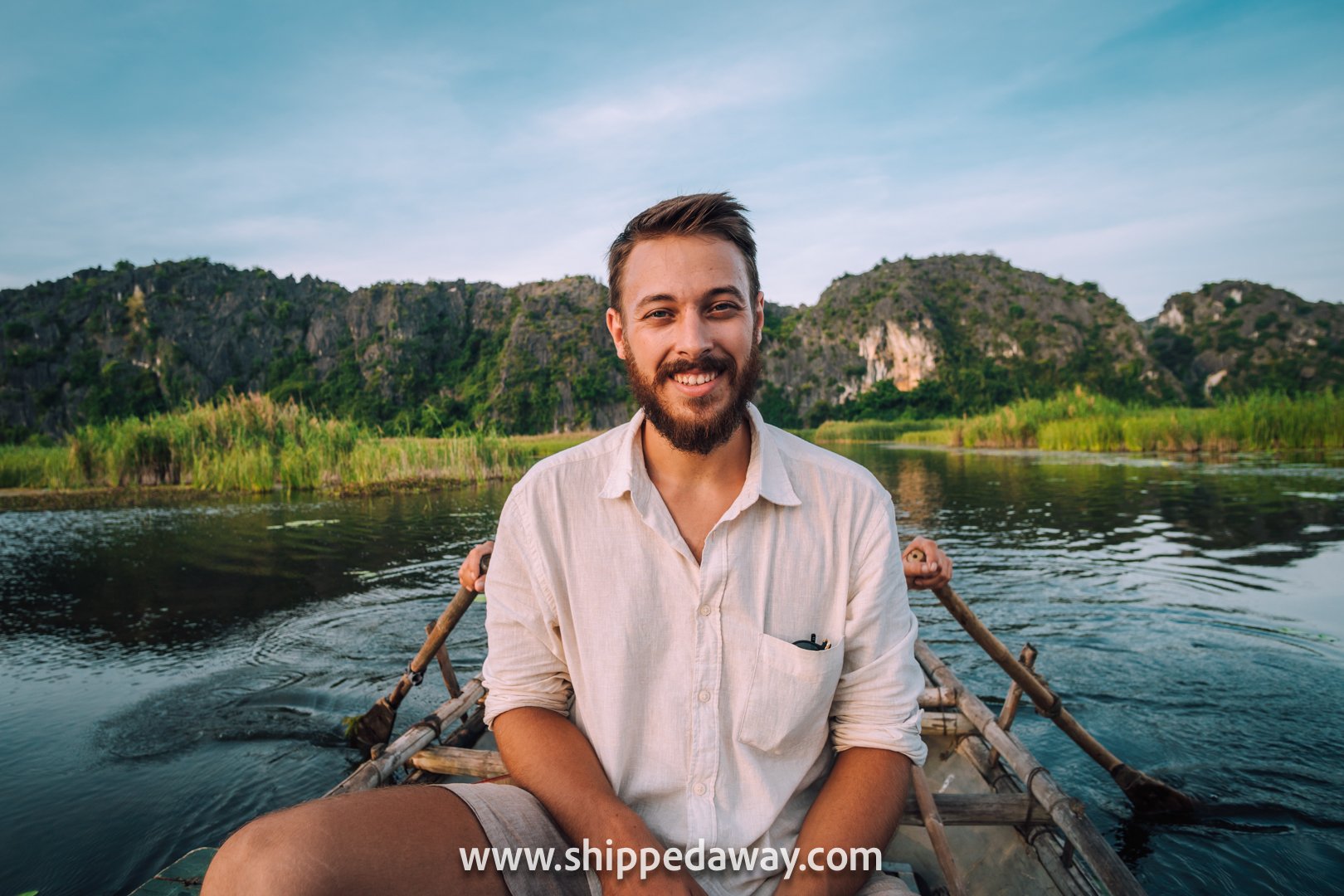 Matej Špan on a boat ride Van Long Nature Reserve in Ninh Binh