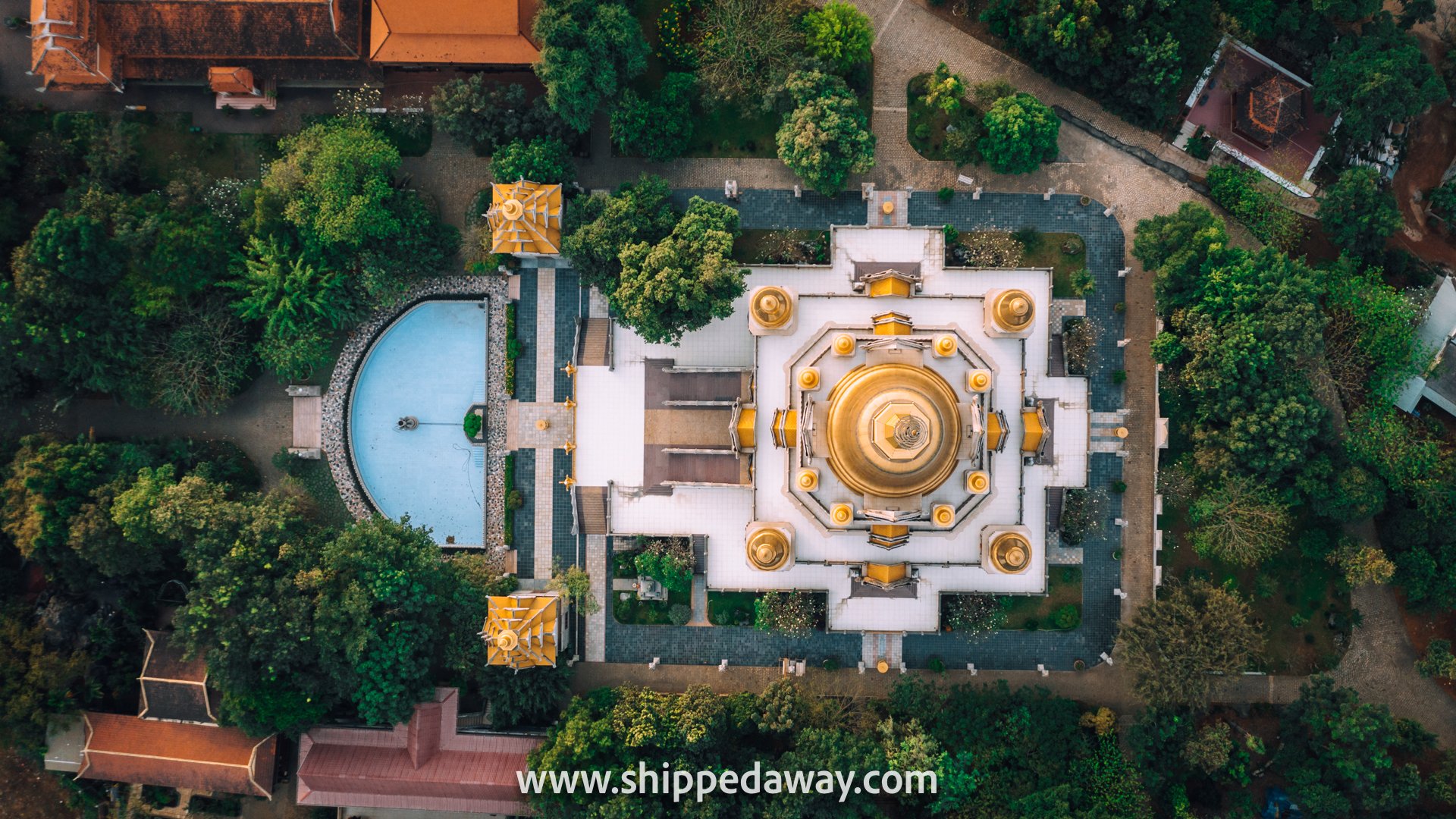 Top down aerial view of Buu Long Pagoda in Ho Chi Minh City in Vietnam