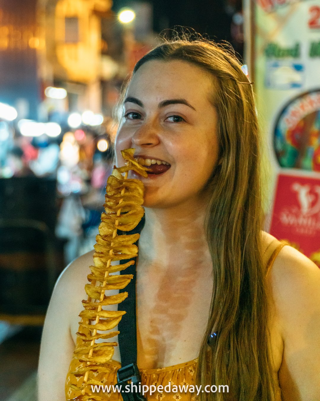 Arijana Tkalčec with twister tornado potato at Jonker Street Night Market, Melaka (Malacca), Malaysia