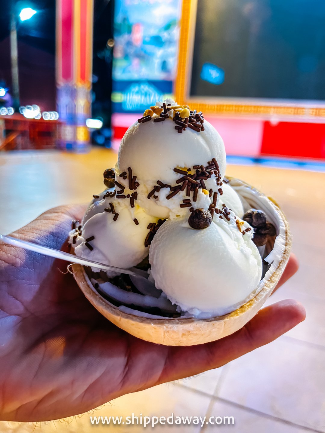 Delicious coconut ice cream in coconut shell at Jonker Street Night Market, Melaka (Malacca), Malaysia