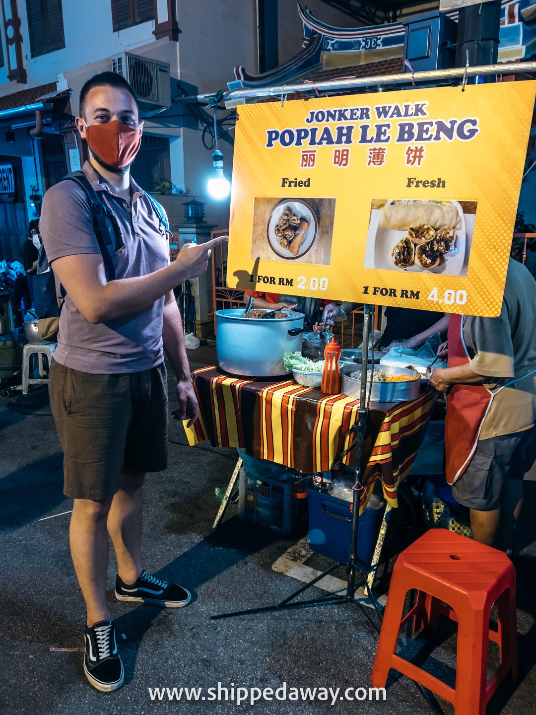 Matej Špan happy to be back to the veggie roll stand at Jonker Street Night Market, Melaka (Malacca), Malaysia