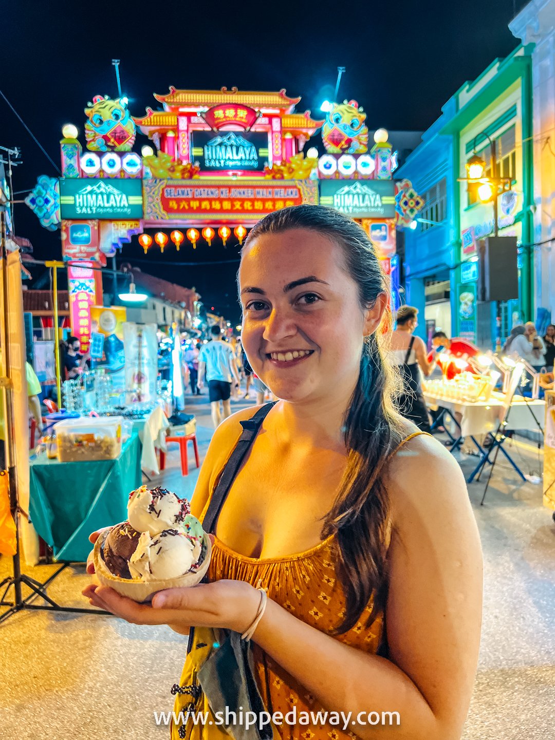 Arijana Tkalčec super happy with the coconut ice cream at Jonker Street Night Market, Melaka (Malacca), Malaysia