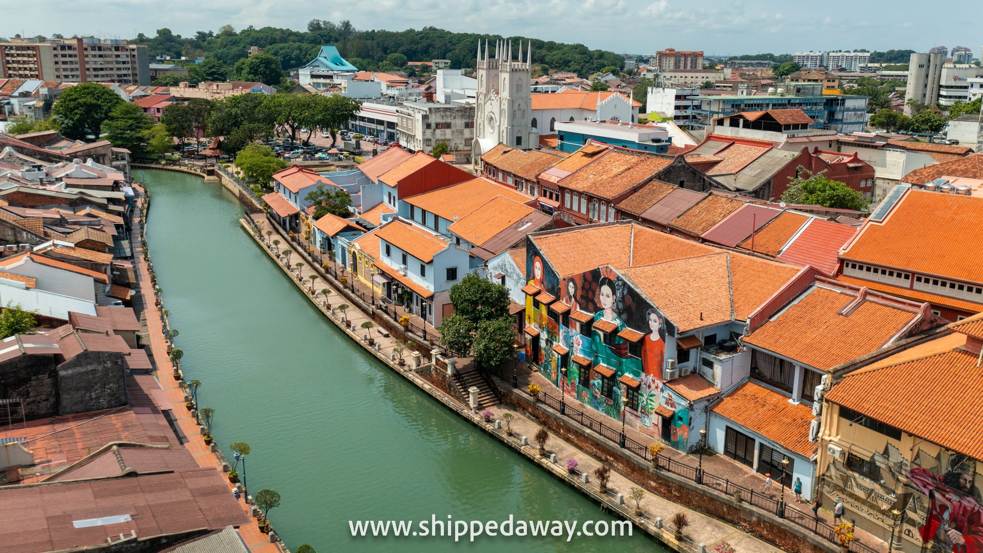 Drone aerial view of Melaka river, Malaysia