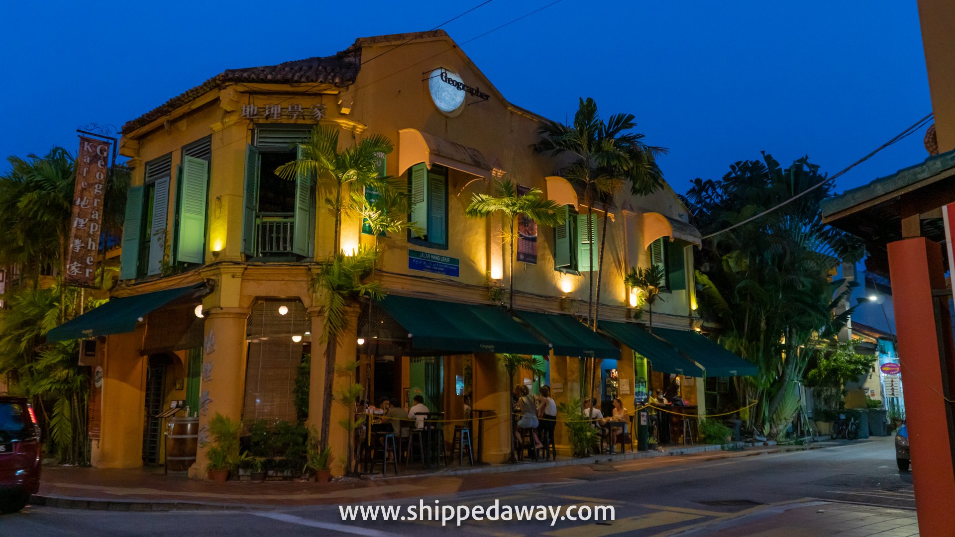 Night time view of Geographer Cafe in Melaka, Malaysia
