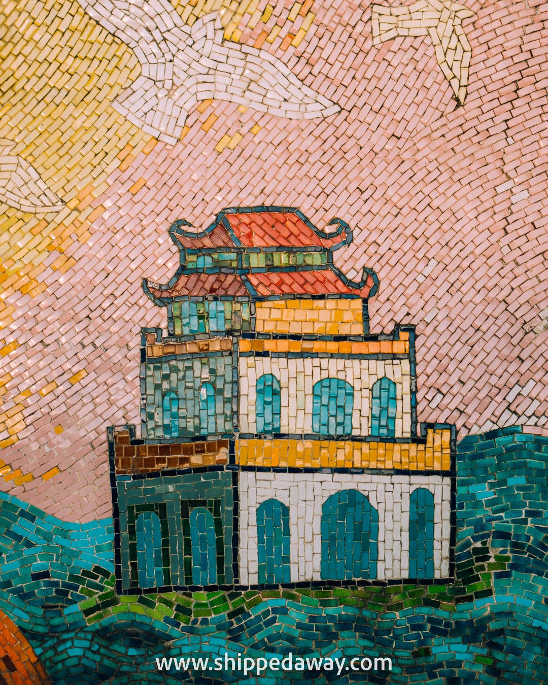 Turtle tower seen on the Ceramic Mosaic Mural in Hanoi, Vietnam