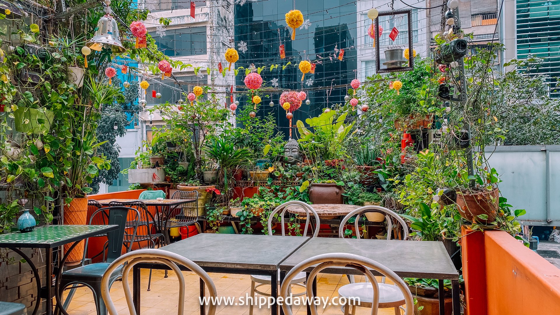 Greenery and decorations at the terrace of Prem Bistro, Ho Chi Minh City, Vietnam