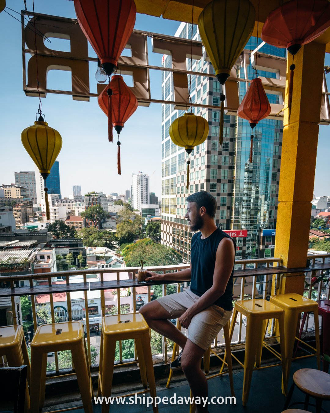 Matej Span drinking coffee at the Cafe Apartments Building, Ho Chi Minh City, Vietnam