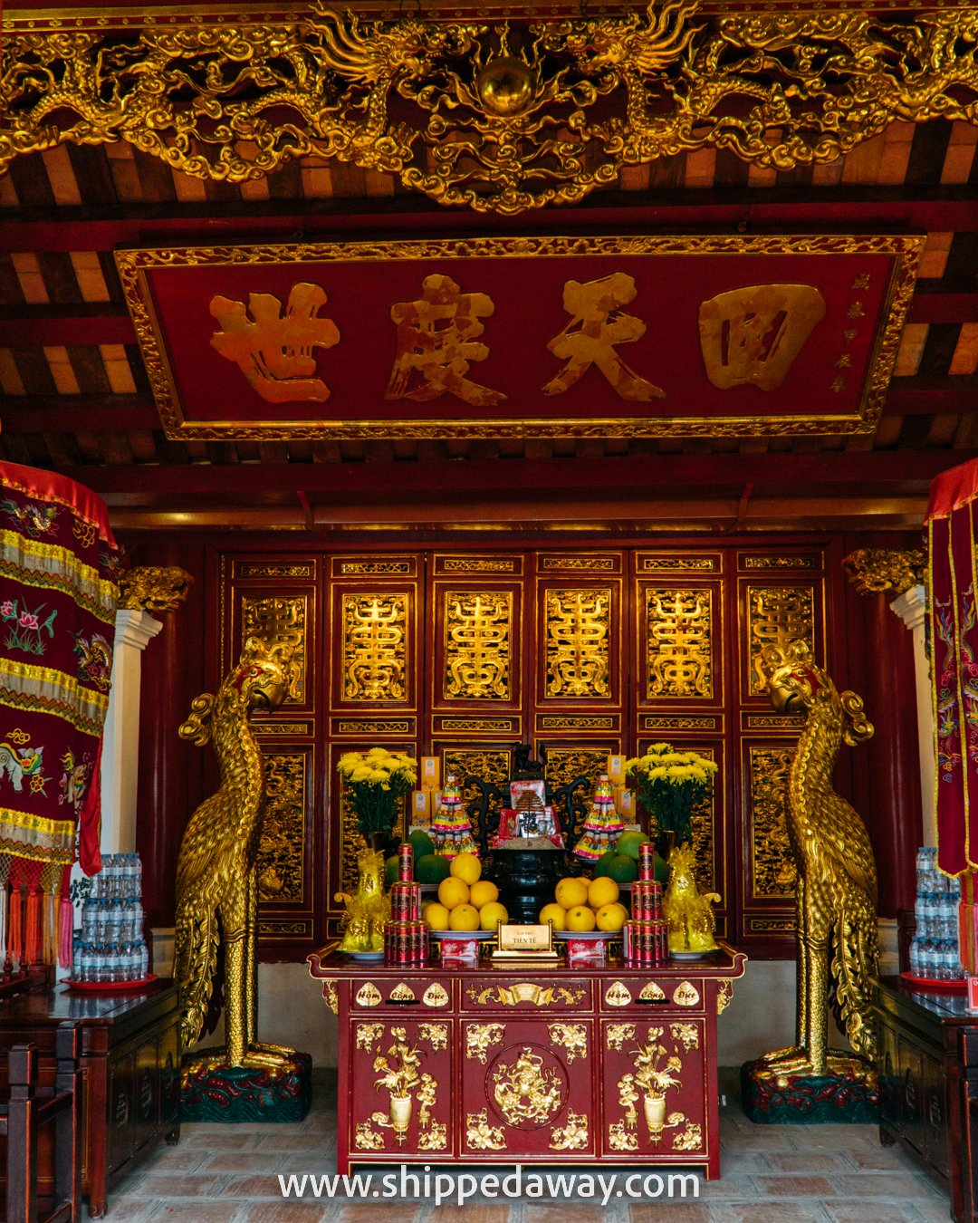 Altar and beautiful interior of Ngoc Son Temple, Hoan Kiem Lake, Hanoi Old Quarter