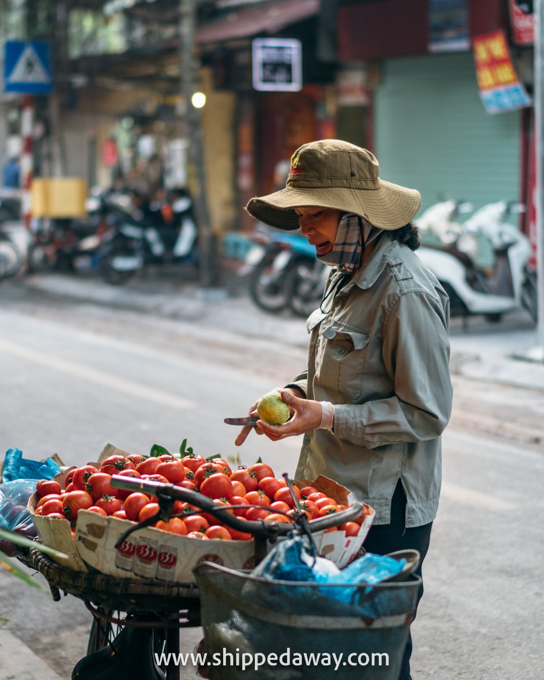 Lady cutting fruit for selling off of a bicycle in Hanoi's Old Quarter, Vietnam