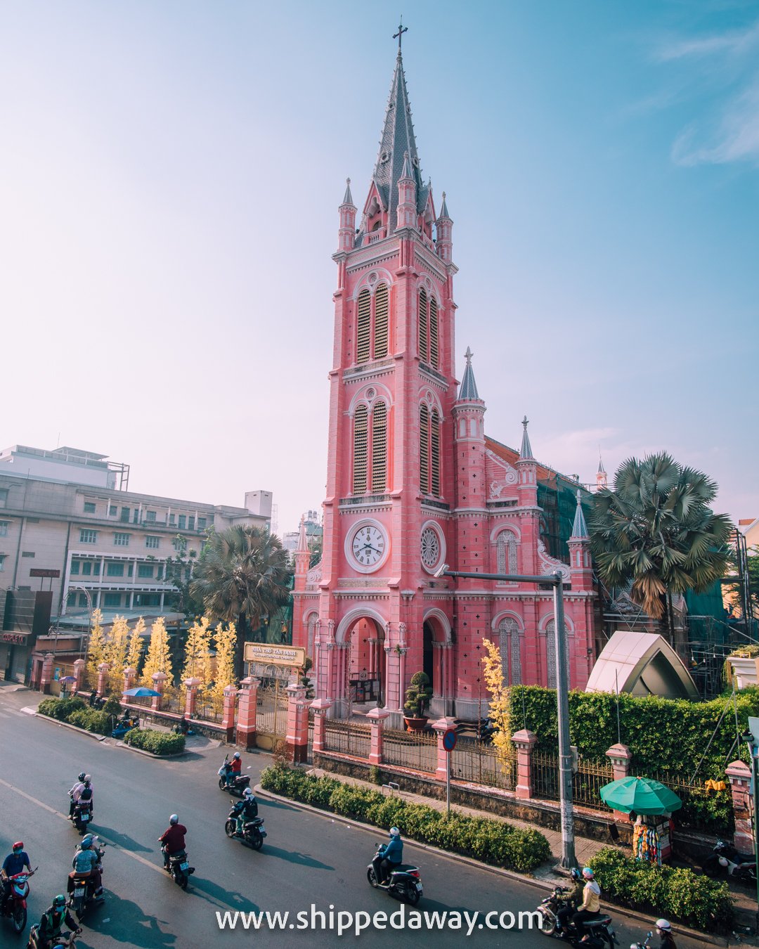 View of the street and the Pink Church, Ho Chi Minh City, Vietnam