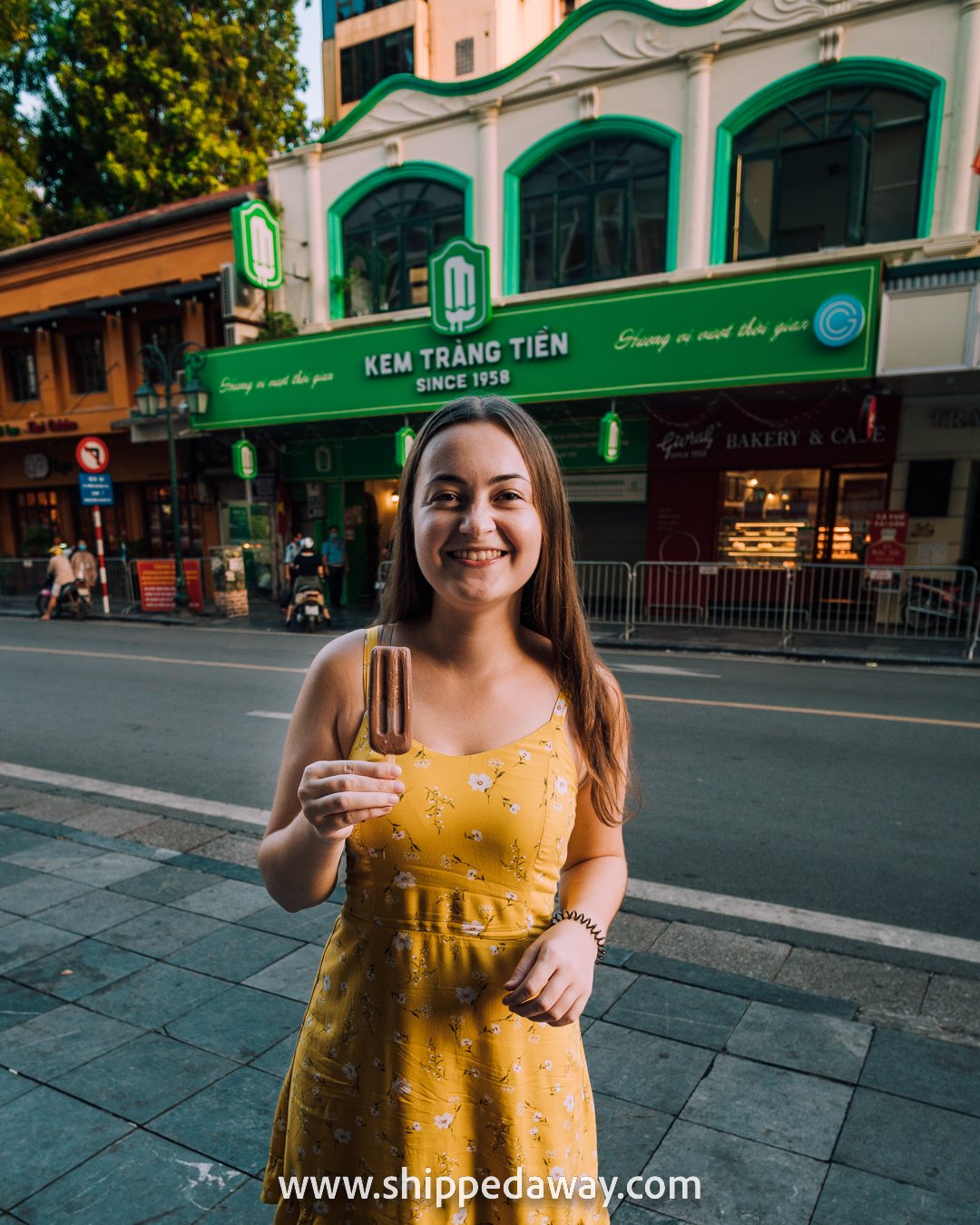 Arijana Tkalcec with a ice cream stick from Kem Trang Tien, most famous ice cream shop in Hanoi, Vietnam