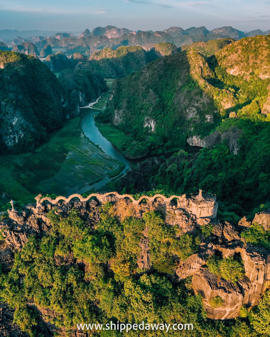 Drone view of dragon and scenery at Hang Mua Caves Viewpoint, Ninh Binh