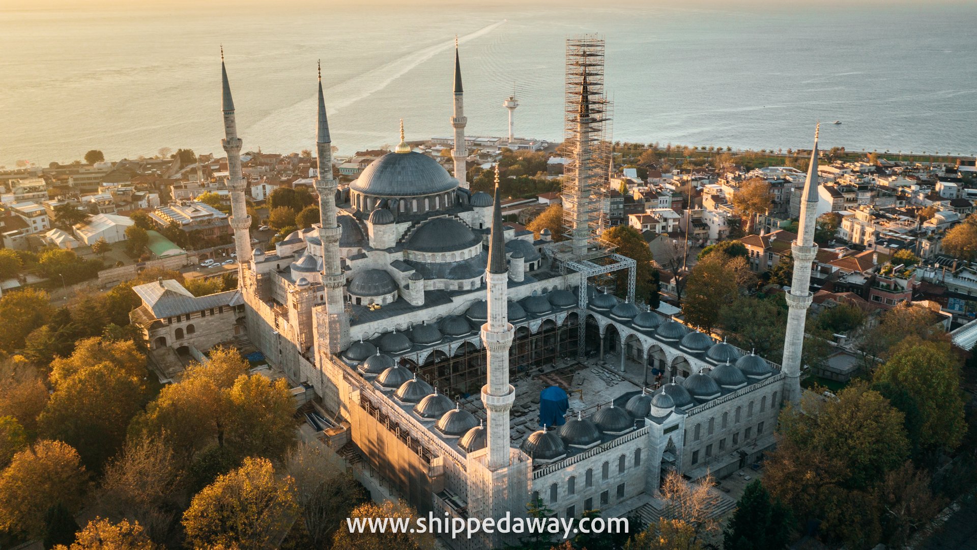 Aerial view of Blue Mosque for sunrise, Istanbul, Turkey