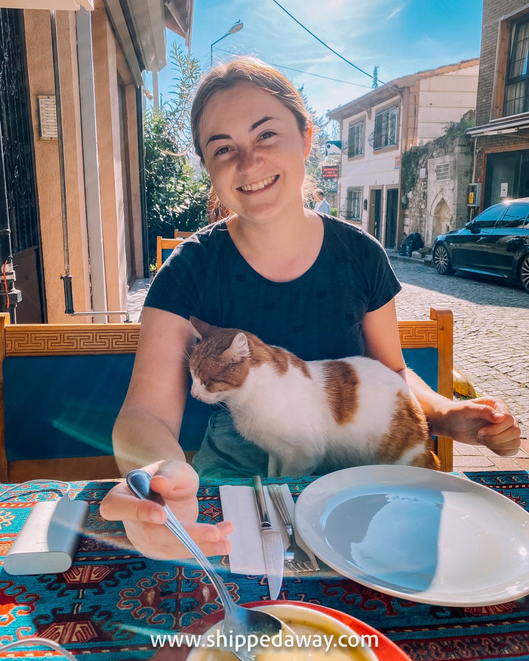 Arijana Tkalcec at a restaurant with a cat in her lap, Istanbul