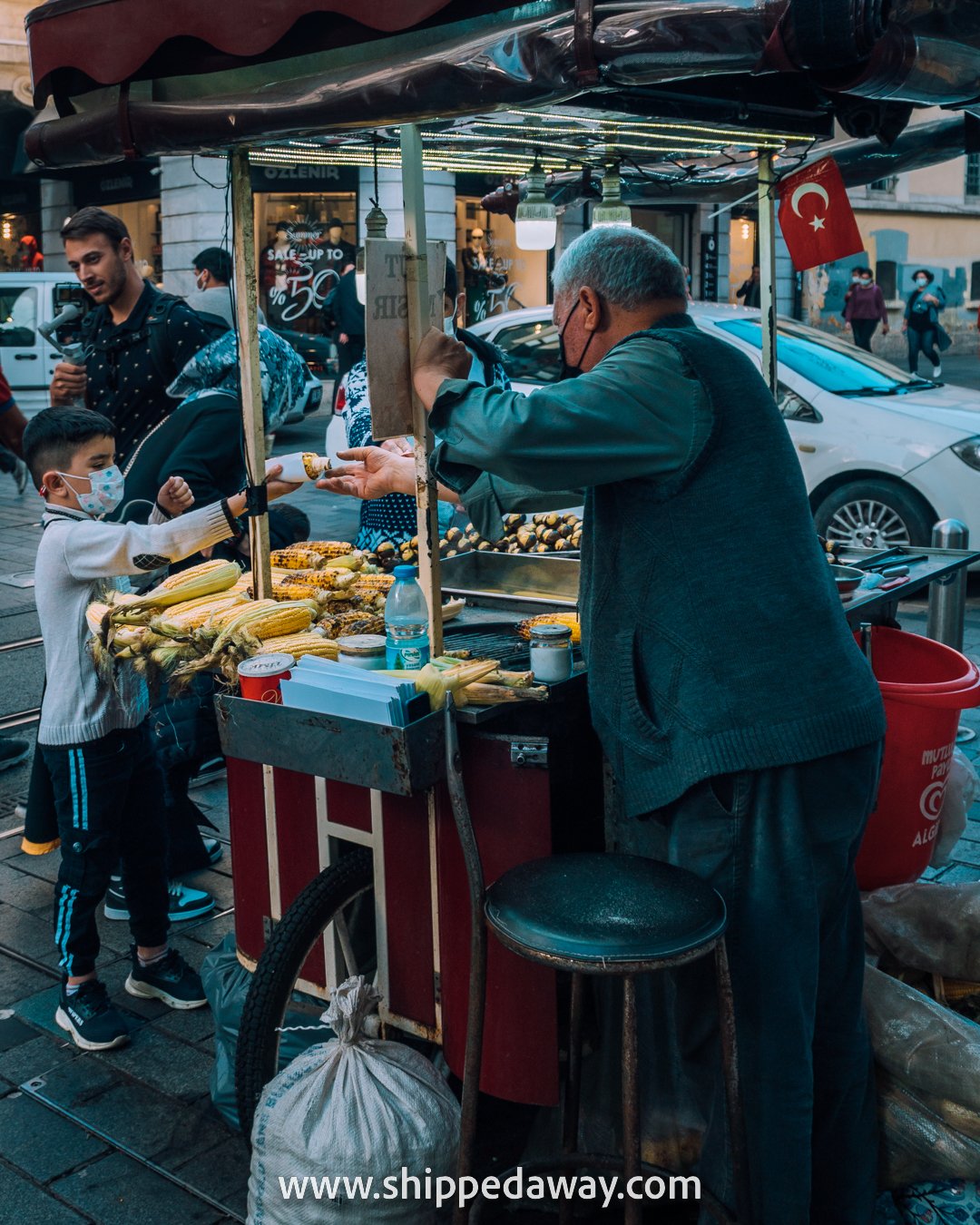 Fried corn and chestnut street food vendor, Istanbul, Turkey