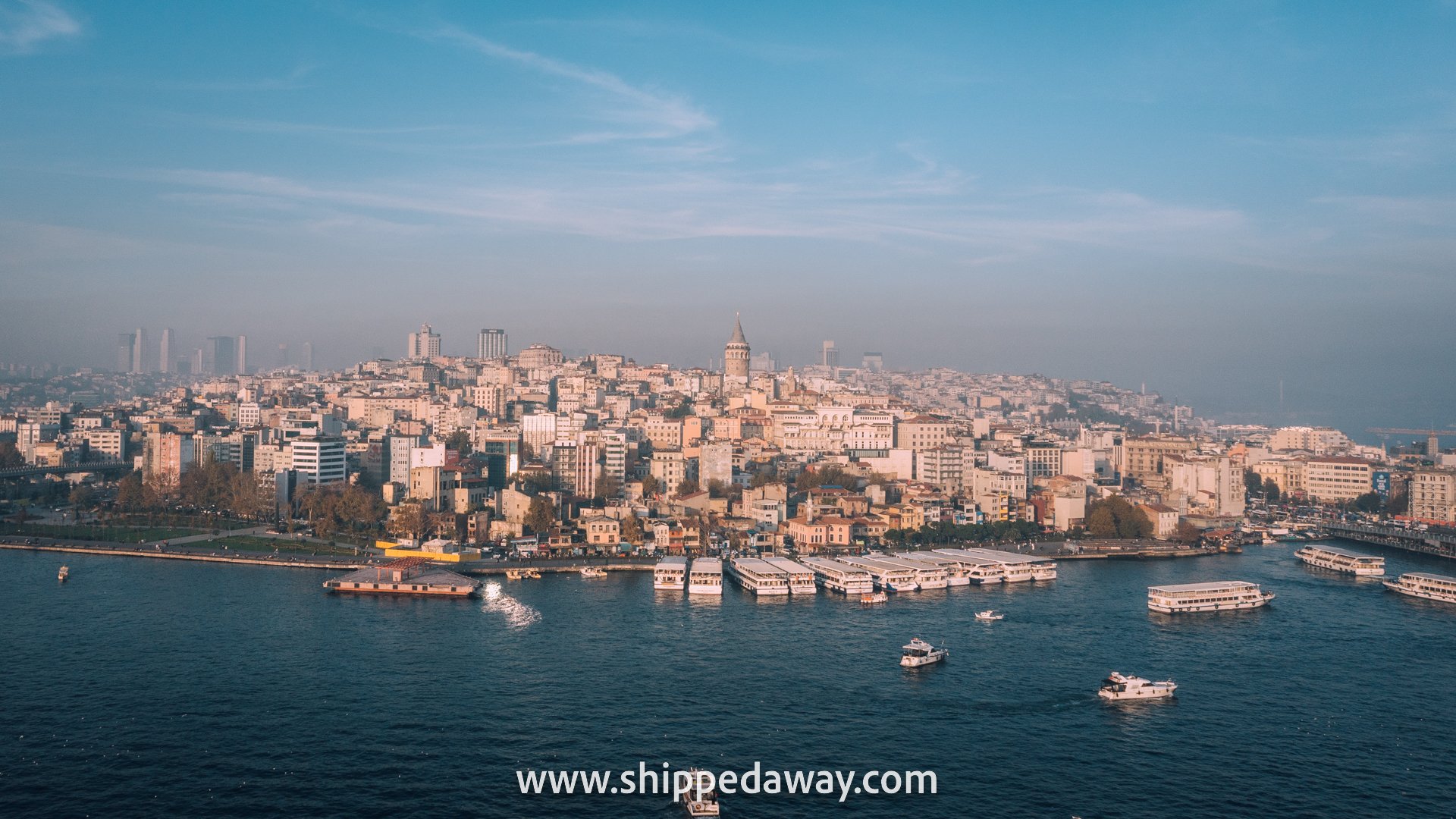Aerial view of Galata Tower and Karakoy boat port seen, Istanbul, Turkey