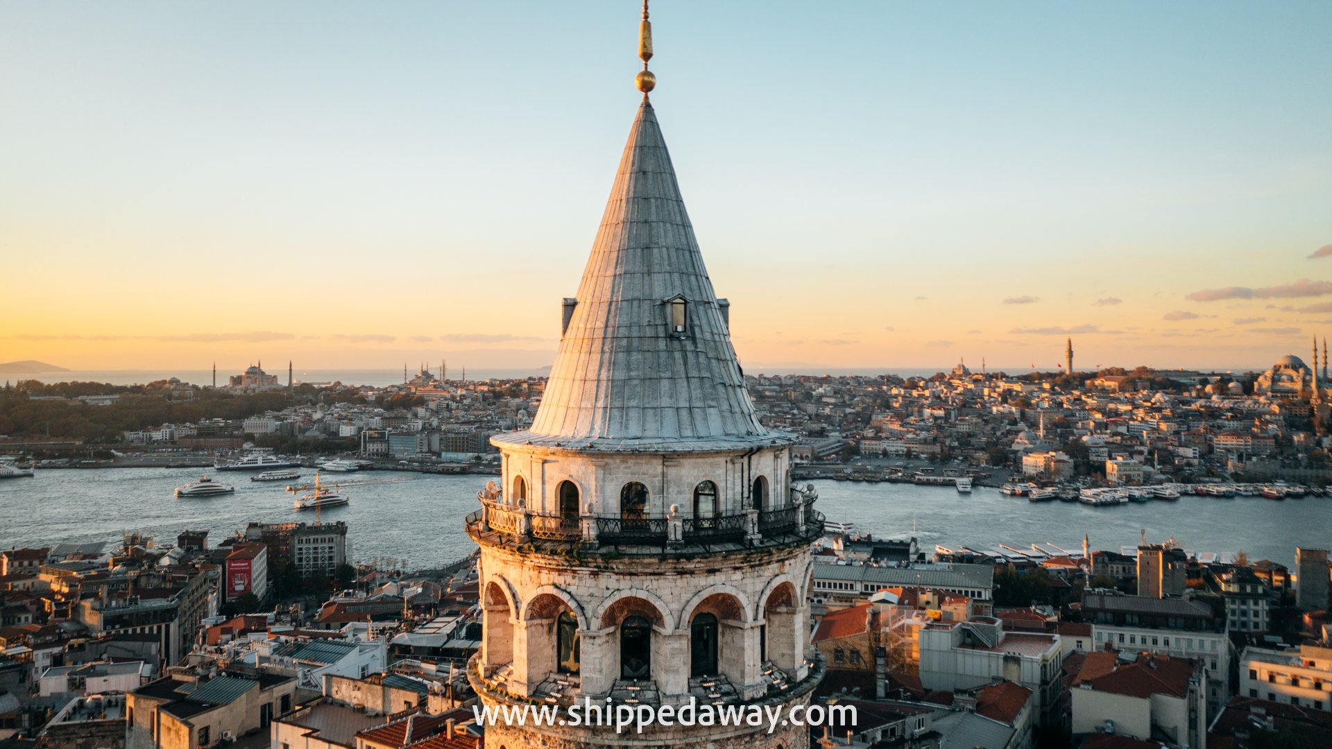 Aerial view of Galata Tower at sunrise, Istanbul