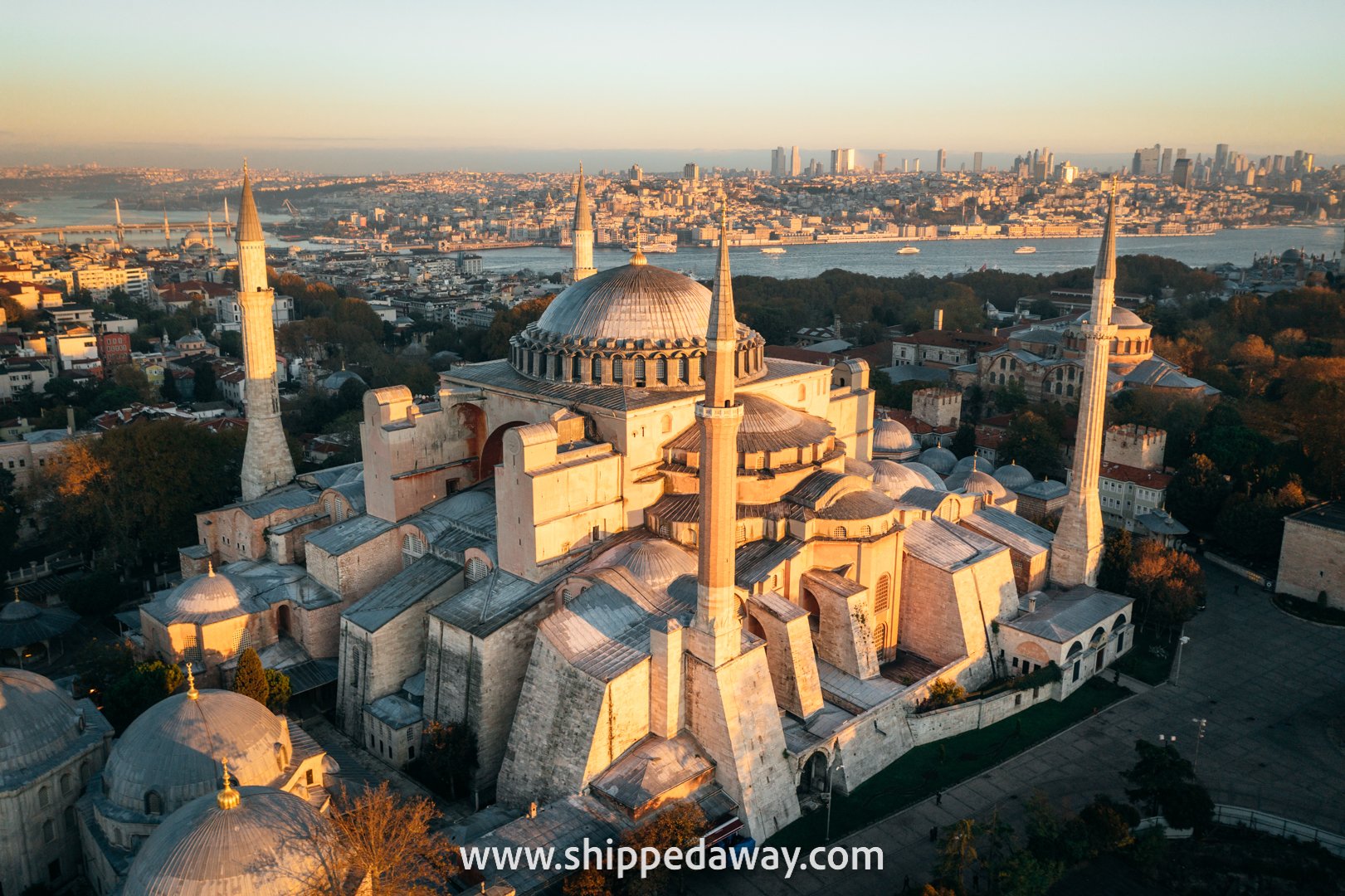Aerial view of Hagia Sophia at sunrise, Istanbul, Turkey