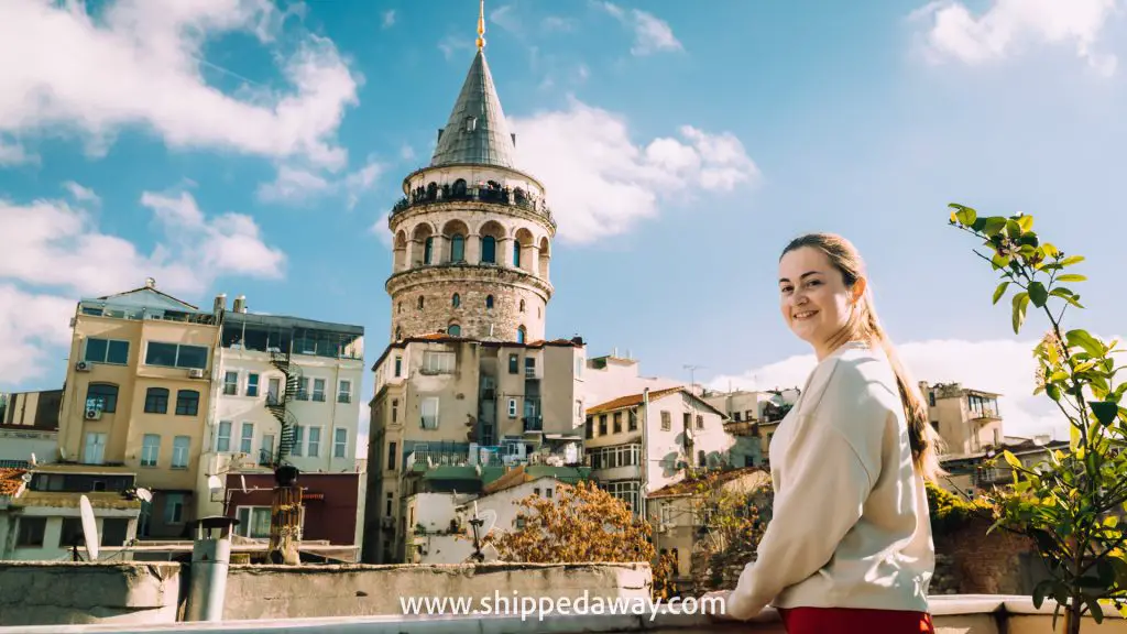 Arijana Tkalcec from a hotel rooftop with view of Galata Tower, Istanbul