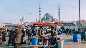 Street Food vendor on a busy square with Yeni Cami Mosque behind, Istanbul