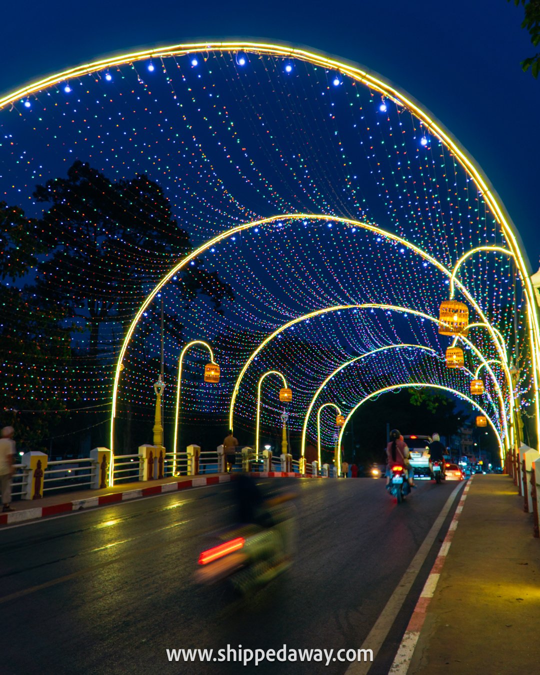 Lights at night on a bridge in Siem Reap, Cambodia