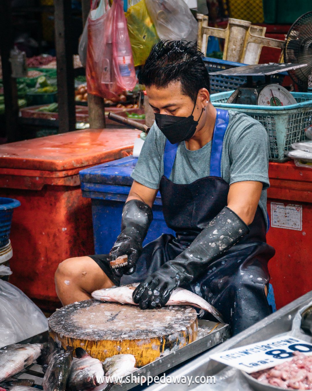 Fish vendor at Maeklong Railway Market near Bangkok, Thailand