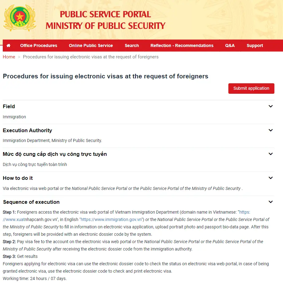 New Vietnam e-Visa application portal - Public Service Portal of Ministry of Public Security