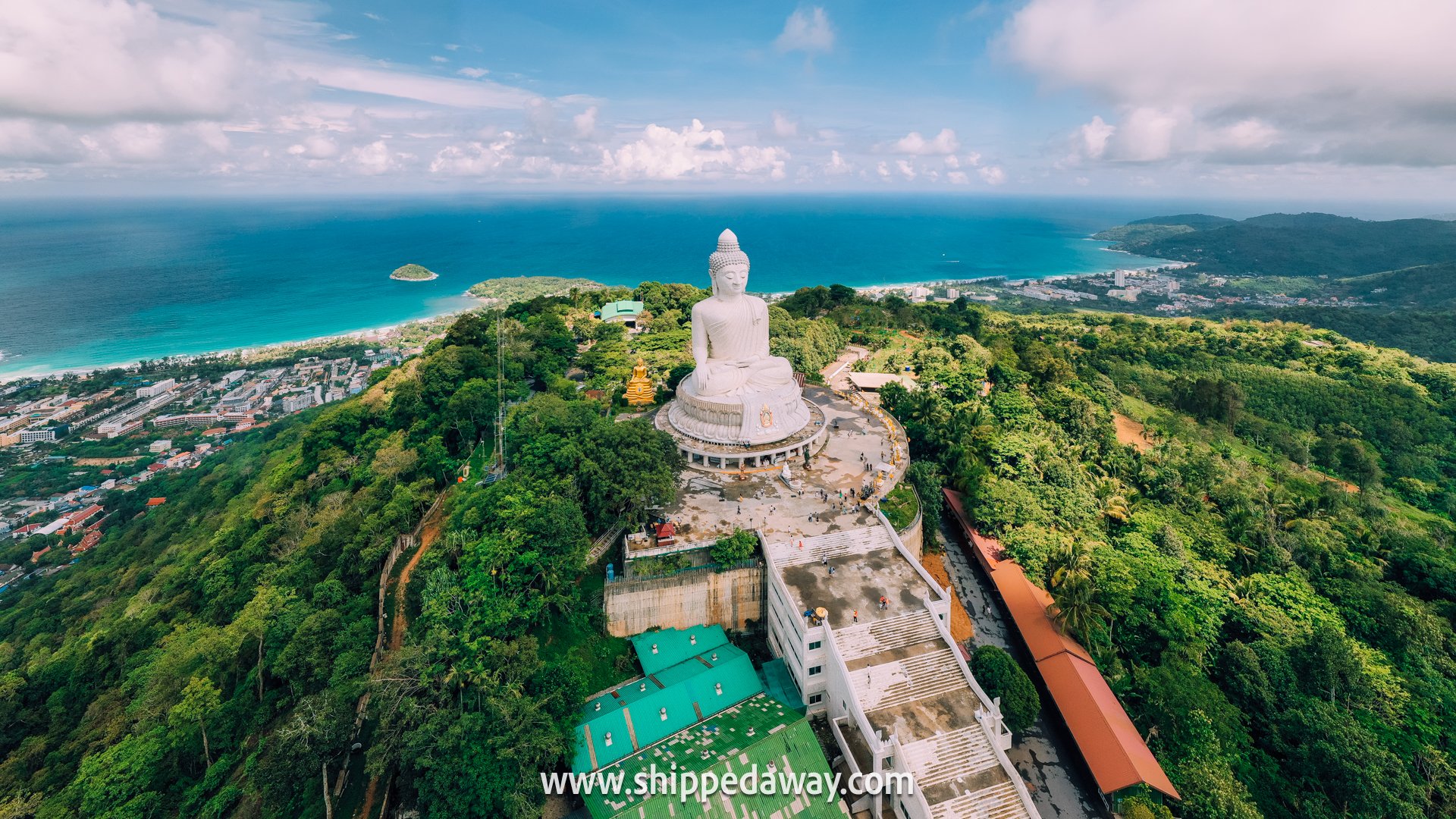 Drone aerial view of the Big Buddha in Phuket, Thailand