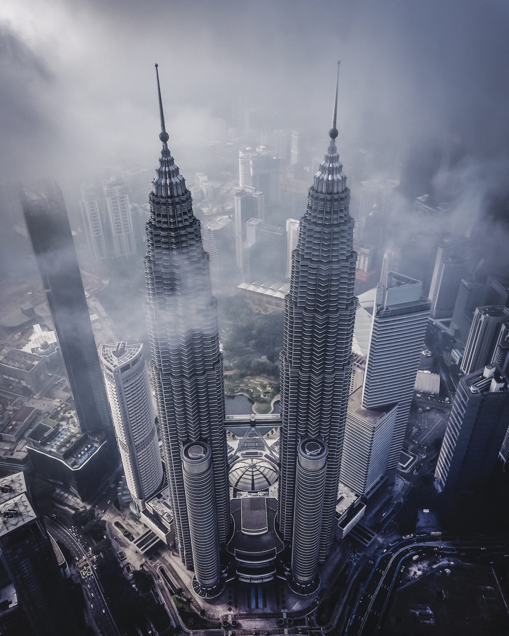 Aerial view of Petronas Twin Towers, top thing to do in Kuala Lumpur, Malaysia