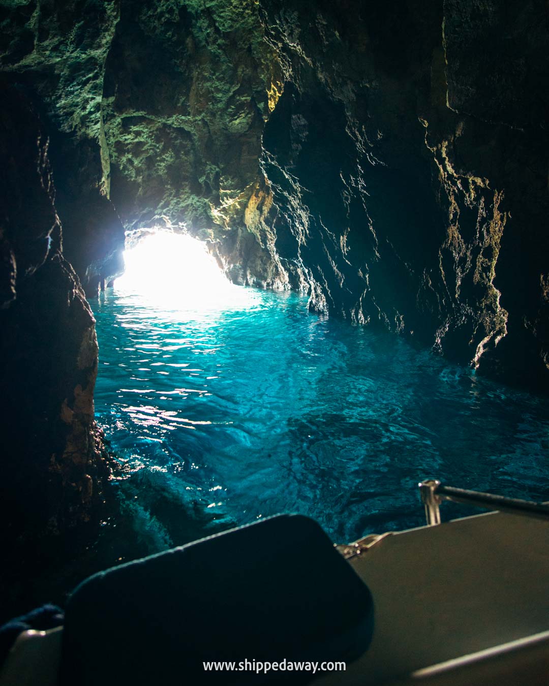 entrance to the Blue Cave in Croatia seen from inside the cave