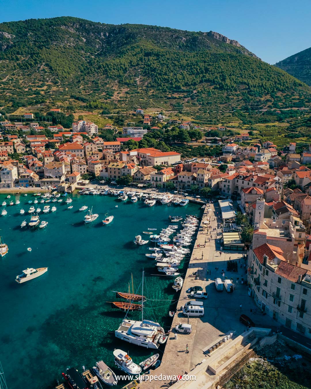 aerial view of Komiža in Vis - Blue Cave Island Hopping tour from Split or Brač