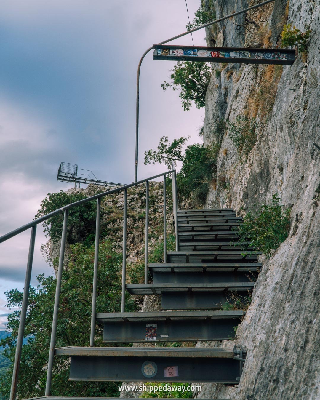 How to visit Bovilla Lake in Albania - hiking metal stairs to the viewpoint above the lake