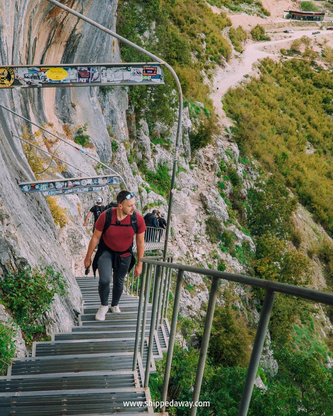 How to visit Bovilla Lake in Albania - hiking metal stairs to the viewpoint above the lake