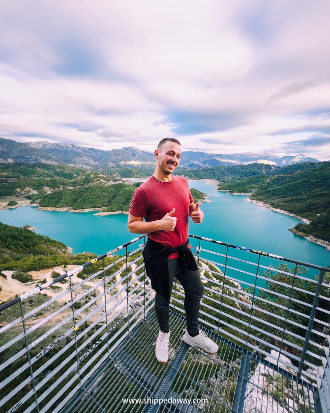 How to visit Bovilla Lake in Albania - taking photos on the viewpoint platform