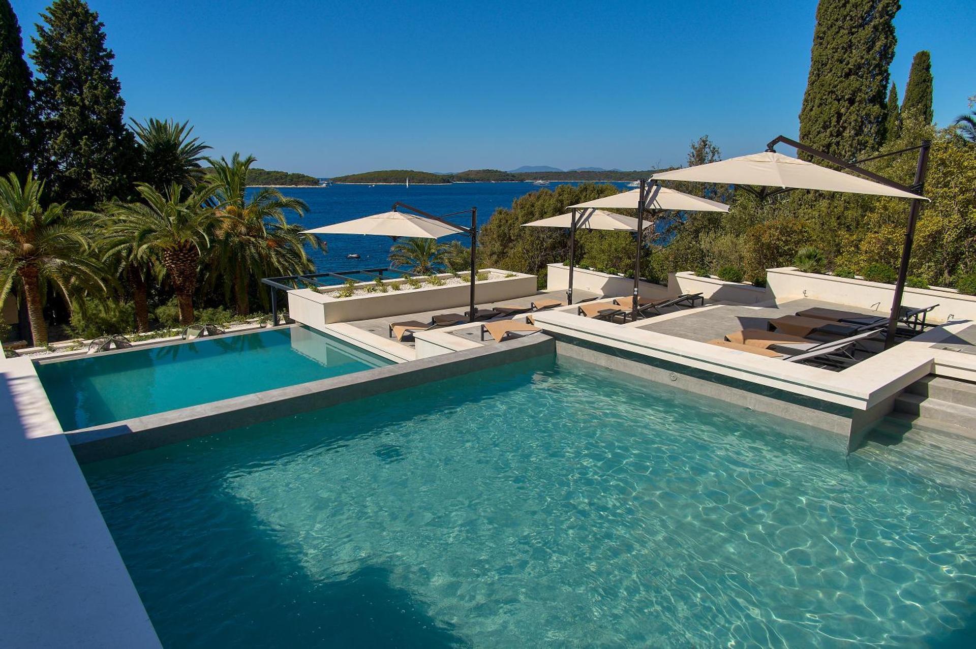 best Hvar town hotels - our favorite hotels to stay in Hvar town - pools at Moeesy adult-only hotel