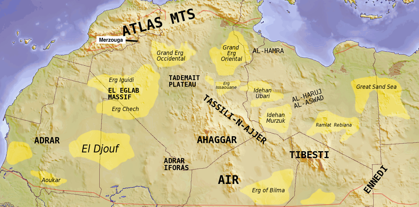 Is Merzouga part of the Sahara Desert? Map of Ergs in the Sahara Desert with Merzouga on the northwest edge