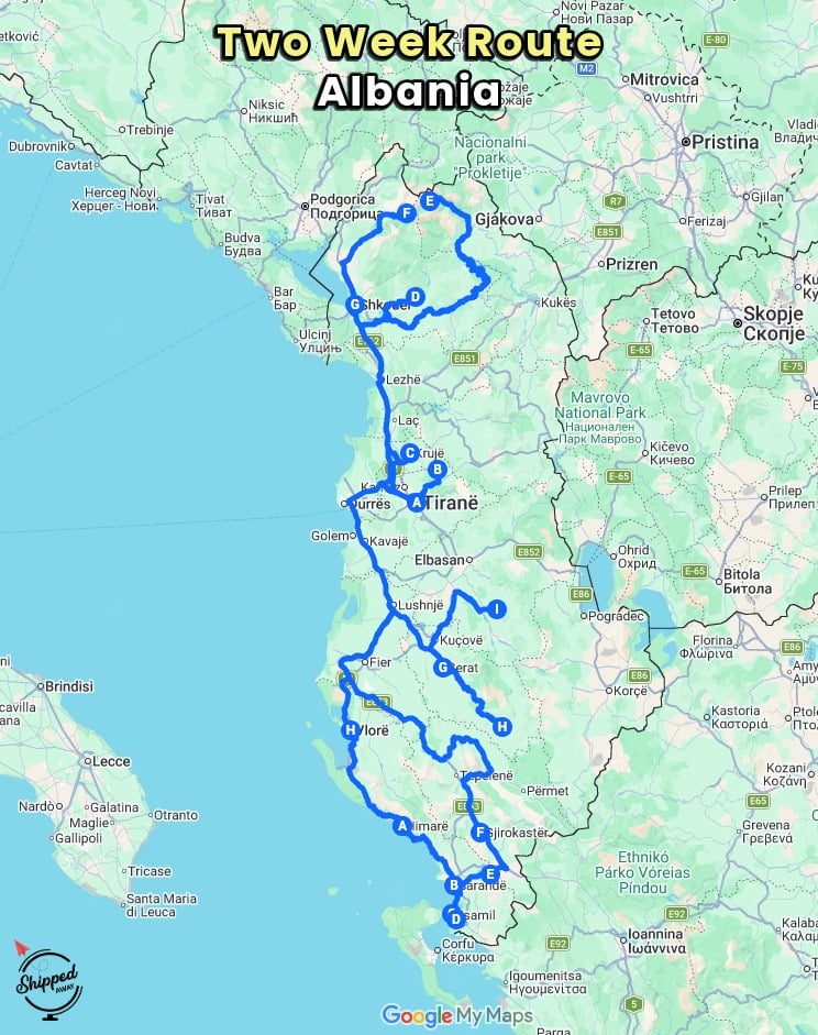 Mapped route of the two week itinerary through Albania