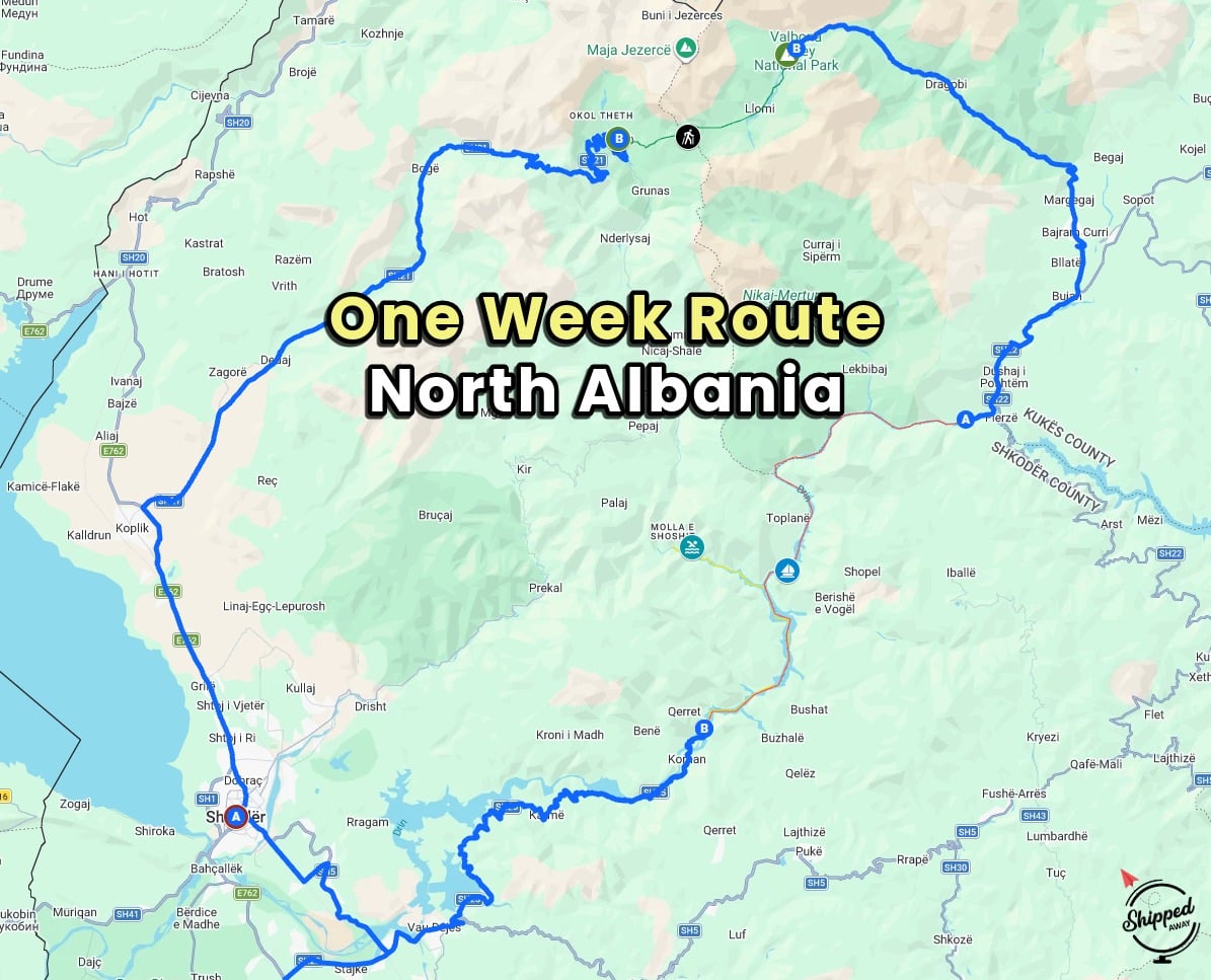 Mapped route of the one week itinerary through North Albania